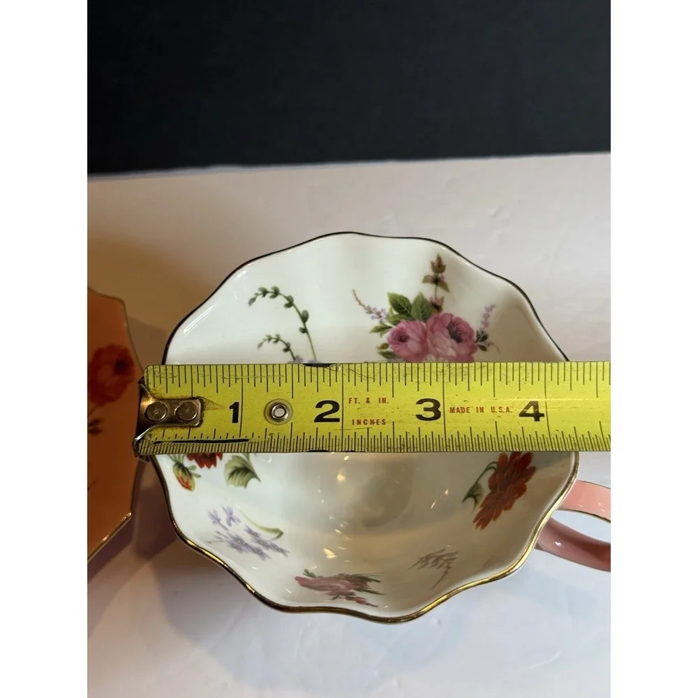 Meritage Pink Floral Teacup & Saucer Scalloped Gold Trim Tea Cup Set 6